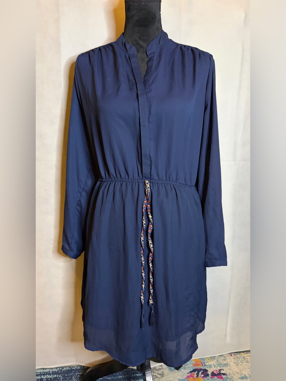 Xhilaration Navy Long-Sleeve Drawstring Waist Tunic Dress